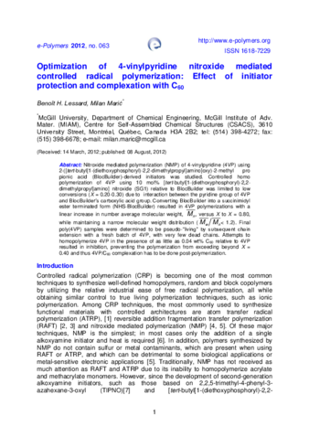 Optimization of 4-vinylpyridine nitroxide mediated controlled radical polymerization: Effect of initiator protection and complexation with C60 thumbnail