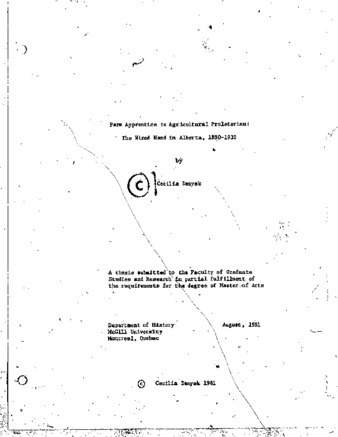Farm apprentice to agricultural proletarian : the hired hand in Alberta, 1880-1930 thumbnail
