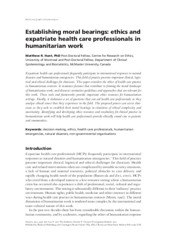 Establishing moral bearings: ethics and expatriate health care professionals in humanitarian work thumbnail