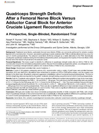 Quadriceps and hamstrings strength in adolescents 6 months post anterior cruciate ligament graft using femoral nerve block, adductor canal block, or no nerve block. thumbnail