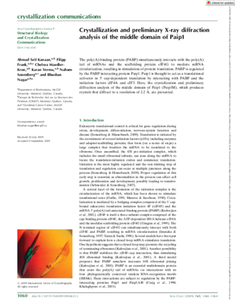 Crystallization and preliminary X-ray diffraction analysis of the middle domain of Paip1 thumbnail