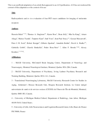 Radiosynthesis and In Vivo Evaluation of Four Positron Emission Tomography Tracer Candidates for Imaging of Melatonin Receptors thumbnail