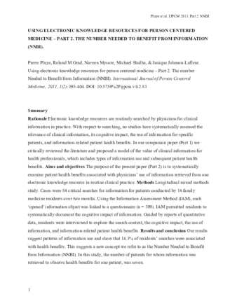 Using electronic knowledge resources for person centered medicine-Part 2 The Number needed to benefit from information (NNBI) thumbnail
