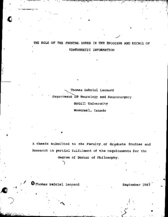 The role of the frontal lobes in the encoding and recall of kinesthetic information / thumbnail