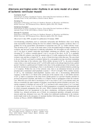 Alternans and higher-order rhythms in an ionic model of a sheet of ischemic ventricular muscle thumbnail