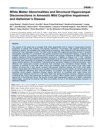 White Matter Abnormalities and Structural Hippocampal Disconnections in Amnestic Mild Cognitive Impairment and Alzheimer’s Disease thumbnail
