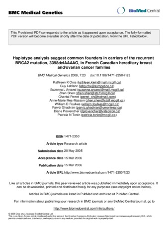 Haplotype analysis suggest common founders in carriers of the recurrent BRCA2mutation, 3398delAAAAG, in French Canadian hereditary breast and/ovarian cancer families thumbnail