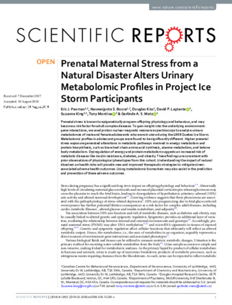 Prenatal Maternal Stress from a Natural Disaster Alters Urinary Metabolomic Profiles in Project Ice Storm Participants thumbnail