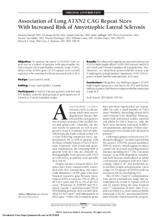 Association of Long ATXN2 CAG Repeat Sizes With Increased Risk of Amyotrophic Lateral Sclerosis thumbnail