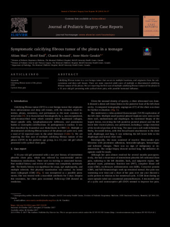 Symptomatic calcifying fibrous tumor of the pleura in a teenager thumbnail