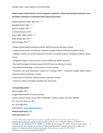 Normal-range verbal memory in the first-episode of psychosis: Clinical and functional outcomes across 24 months and impact of estimated verbal memory decrement. thumbnail