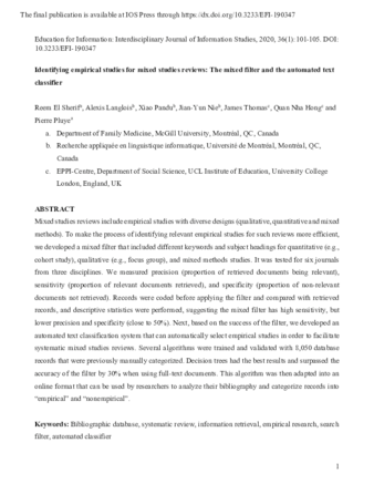 Identifying empirical studies for mixed studies reviews: The mixed filter and the automated text classifier thumbnail