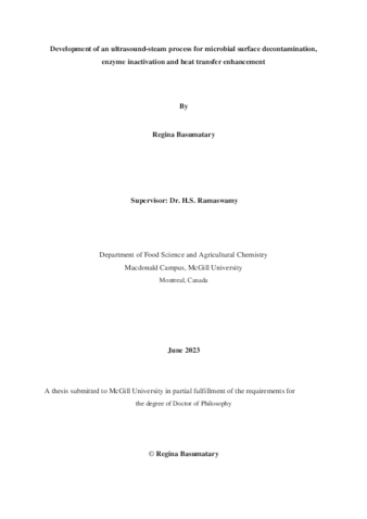 Development of ultrasound-steam process for microbial surface decontamination, enzyme inactivation and heat transfer enhancement thumbnail