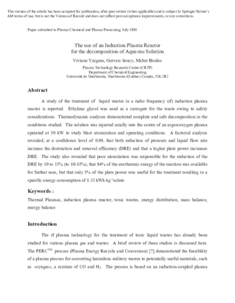 The Treatment of Water-Based Toxic Waste Using Induction Plasma Technology thumbnail