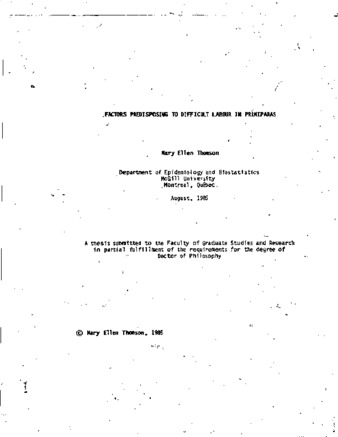 Factors predisposing to difficult labour in primiparas thumbnail