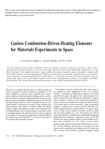 Gasless combustion-driven heating elements for materials experiments in space thumbnail