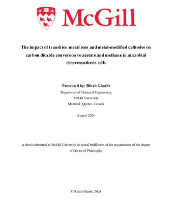 The impact of transition metal ions and metal-modified cathodes on carbon dioxide conversion to acetate and methane in microbial electrosynthesis cells thumbnail