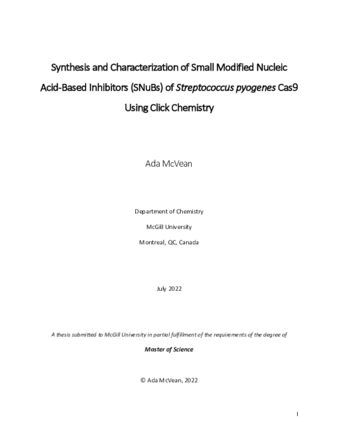 Synthesis and characterization of small modified nucleic acid-based inhibitors (SNuBs) of Streptococcus pyogenes Cas9 using click chemistry thumbnail