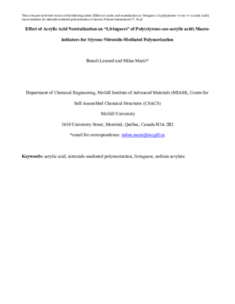 Effect of Acrylic Acid Neutralization on “Livingness” of Poly(styrene-ran-acrylic acid) Macro-initiators for Styrene Nitroxide-Mediated Polymerization of styrene thumbnail