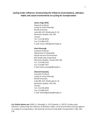 Cycling Under Influence: Summarizing the influence of perceptions, attitudes, habits and social environments on cycling for transportation thumbnail