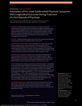 Association of Pre-onset Subthreshold Psychotic Symptoms With Longitudinal Outcomes During Treatment of a First Episode of Psychosis thumbnail