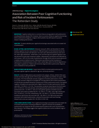 Association Between Poor Cognitive Functioning and Risk of Incident Parkinsonism: The Rotterdam Study thumbnail