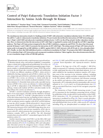 Control of Paip1-Eukayrotic Translation Initiation Factor 3 Interaction by Amino Acids through S6 Kinase thumbnail