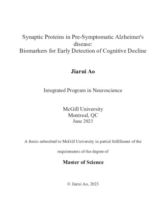 Synaptic proteins in pre-symptomatic Alzheimer's disease: biomarkers for early detection of cognitive decline thumbnail