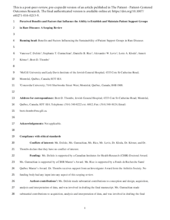 Perceived Benefits and Factors that Influence the Ability to Establish and Maintain Patient Support Groups in Rare Diseases: A Scoping Review thumbnail