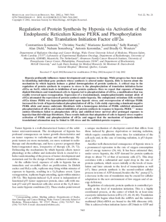 Regulation of Protein Synthesis by Hypoxia via Activation of the Endoplasmic Reticulum Kinase PERK and Phosphorylation of the Translation Initiation Factor eIF2α thumbnail