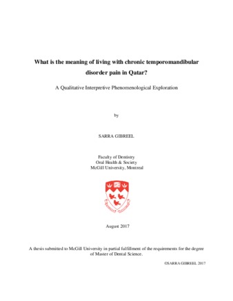 What is the meaning of living with chronic temporomandibular disorder pain in Qatar? A qualitative interpretive phenomenological exploration thumbnail