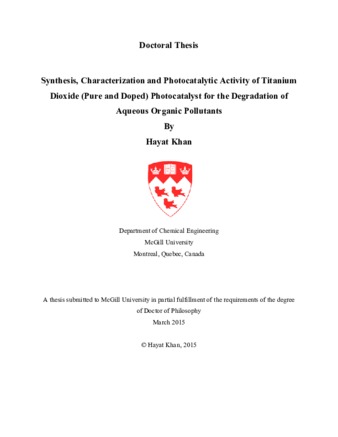 Synthesis, characterization and photocatalytic activity of titanium dioxide (pure and doped) photocatalyst for the degradation of aqueous organic pollutants thumbnail