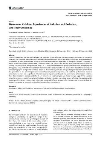 Newcomer Children: Experiences of Inclusion and Exclusion, and Their Outcomes thumbnail