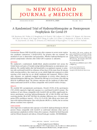 A Randomized Trial of Hydroxychloroquine as Postexposure Prophylaxis for Covid-19 thumbnail