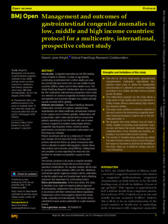 Management and outcomes of gastrointestinal congenital anomalies in low, middle and high income countries: protocol for a multicentre, international, prospective cohort study thumbnail