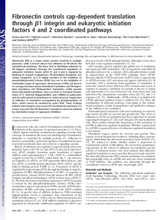 Fibronectin controls cap-dependent translation through β1 integrin and eukaryotic initiation factors 4 and 2 coordinated pathways thumbnail