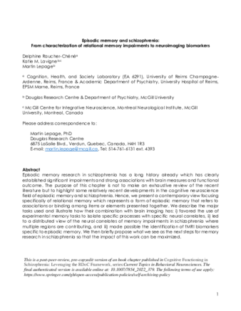 Episodic Memory and Schizophrenia: From Characterization of Relational Memory Impairments to Neuroimaging Biomarkers thumbnail