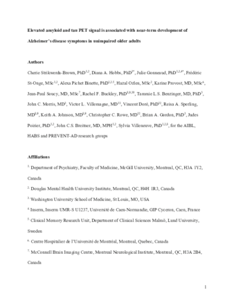 Association of Elevated Amyloid and Tau Positron Emission Tomography Signal With Near-Term Development of Alzheimer Disease Symptoms in Older Adults Without Cognitive Impairment thumbnail