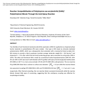 Reactive Compatibilization of Poly(styrene-ran-acrylonitrile) (SAN)/ Poly(ethylene) Blends Through the Acid-Epoxy Reaction thumbnail