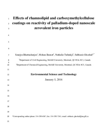 Effects of rhamnolipid and carboxymethylcellulose coatings on reactivity of palladium-doped nanoscale zerovalent iron particles thumbnail