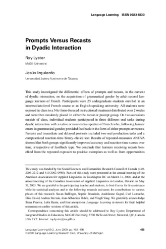 Prompts versus recasts in dyadic interaction thumbnail