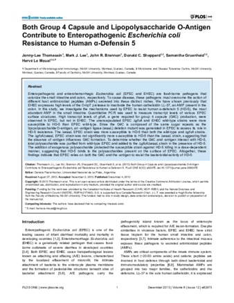 Both Group 4 Capsule and Lipopolysaccharide O-Antigen Contribute to Enteropathogenic Escherichia coli Resistance to Human α-Defensin 5 thumbnail