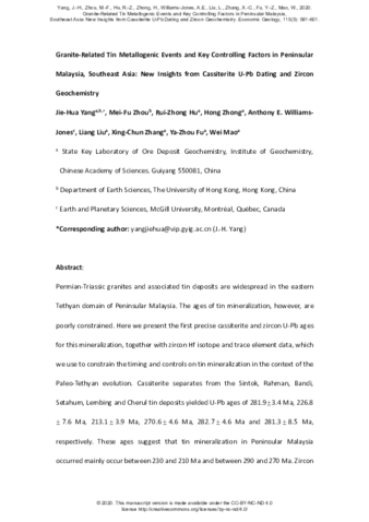 Granite-Related Tin Metallogenic Events and Key Controlling Factors in Peninsular Malaysia, Southeast Asia: New Insights from Cassiterite U-Pb Dating and Zircon Geochemistry thumbnail