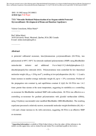 Nitroxide Mediated Polymerization of an Organo-soluble Protected Styrenesulfonate: Development of Homo and Random Copolymers thumbnail