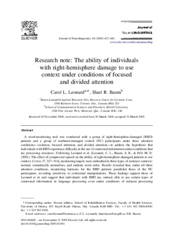 Research note: The ability of individuals with right-hemisphere damage to use context under conditions of focused and divided attention thumbnail