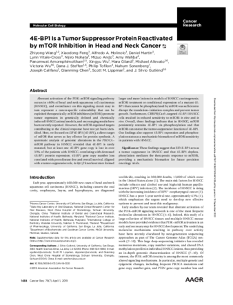 4E-BP1 Is a Tumor Suppressor Protein Reactivated by mTOR Inhibition in Head and Neck Cancer thumbnail