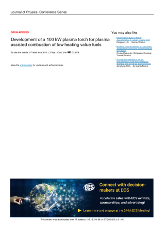 Development of a 100 kW plasma torch for plasma assisted combustion of low heating value fuels thumbnail