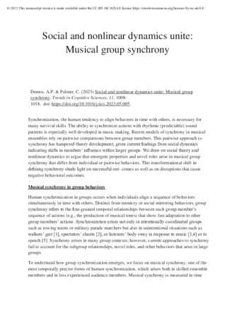 Social and nonlinear dynamics unite: Musical group synchrony. thumbnail