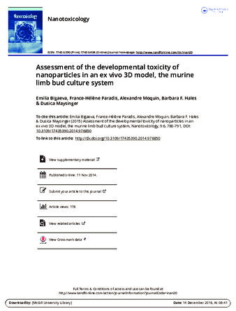 Assessment of the developmental toxicity of nanoparticles in an ex vivo 3D model, the murine limb bud culture system thumbnail