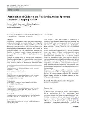 Participation of Children and Youth with Autism Spectrum Disorder: A Scoping Review thumbnail
